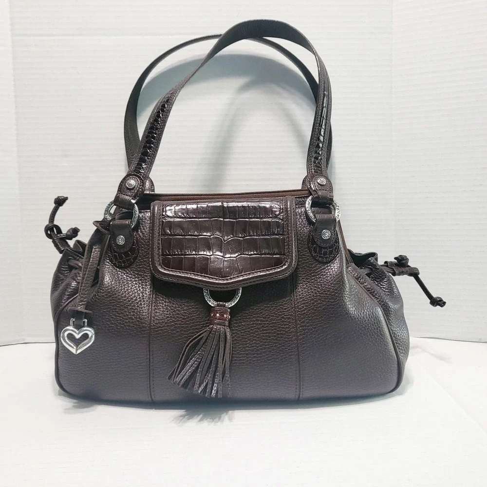 Brighton Brown Leather Shoulder Bag Croc Embossed Pebble Tassel Heart Charm
